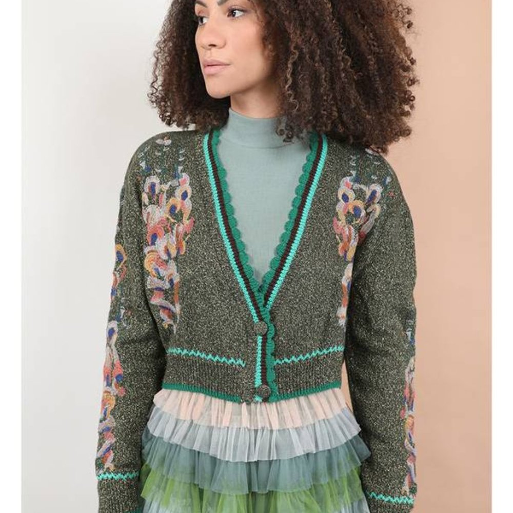 BLANK LONDON NWT Olive Cropped Embroidered Cardigan
